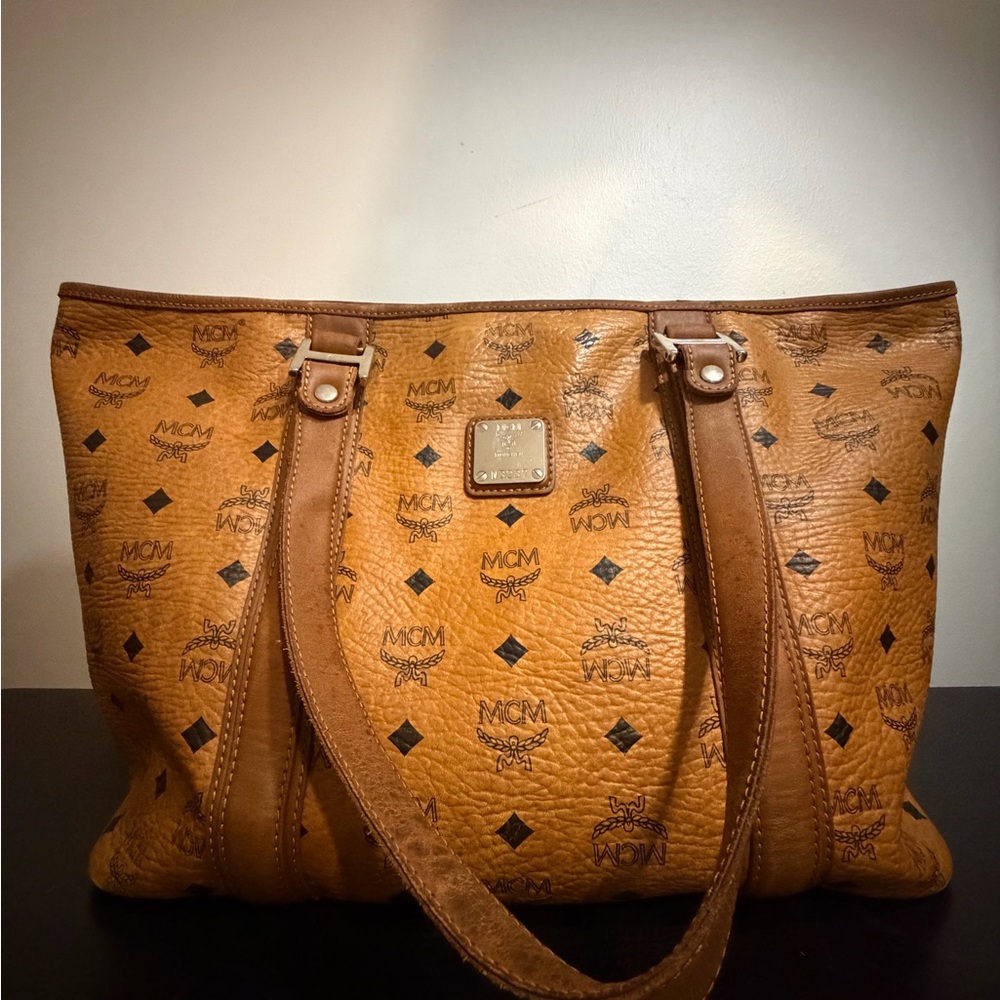 MCM Cognac Visetos Logo Tote Bag